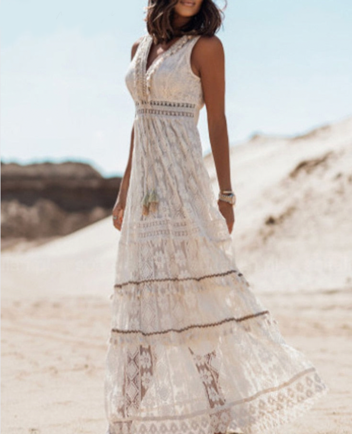 AALIYAH™ - Boho Sleeveless White Lace Maxi Summer Dress